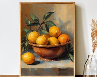 Vintage Früchte Stillleben Poster | Orangen in Schale Gemälde | Rustikale Küchenwandkunst
