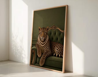 Green Leopard Wall Art, Emerald Luxury Animal Print, Pearl Necklace Leopard Decor Download