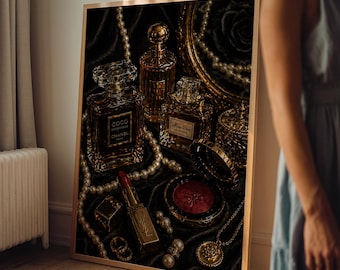 Luxury Perfume Vanity Wall Art Print, Chanel Inspired Decor, Fashion Glam Poster, Makeup Aesthetic Print, black Gold Still Life Art, Feminin