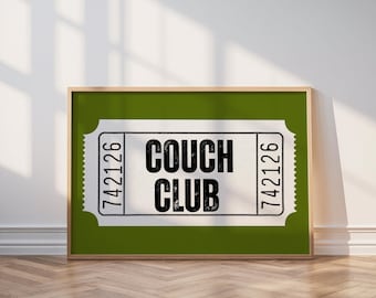 Couch Club Movie Ticket Print, Retro Funny Living Room Wall Art (Digital Download)