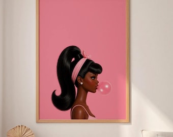 Black Doll Side Profile Print, Pink Bubble Gum Wall Art Download