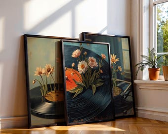 Floral Vinyl-Platten-Wand-Kunst-Set | Retro botanische Musikdrucke | Boho Vintage Dekor