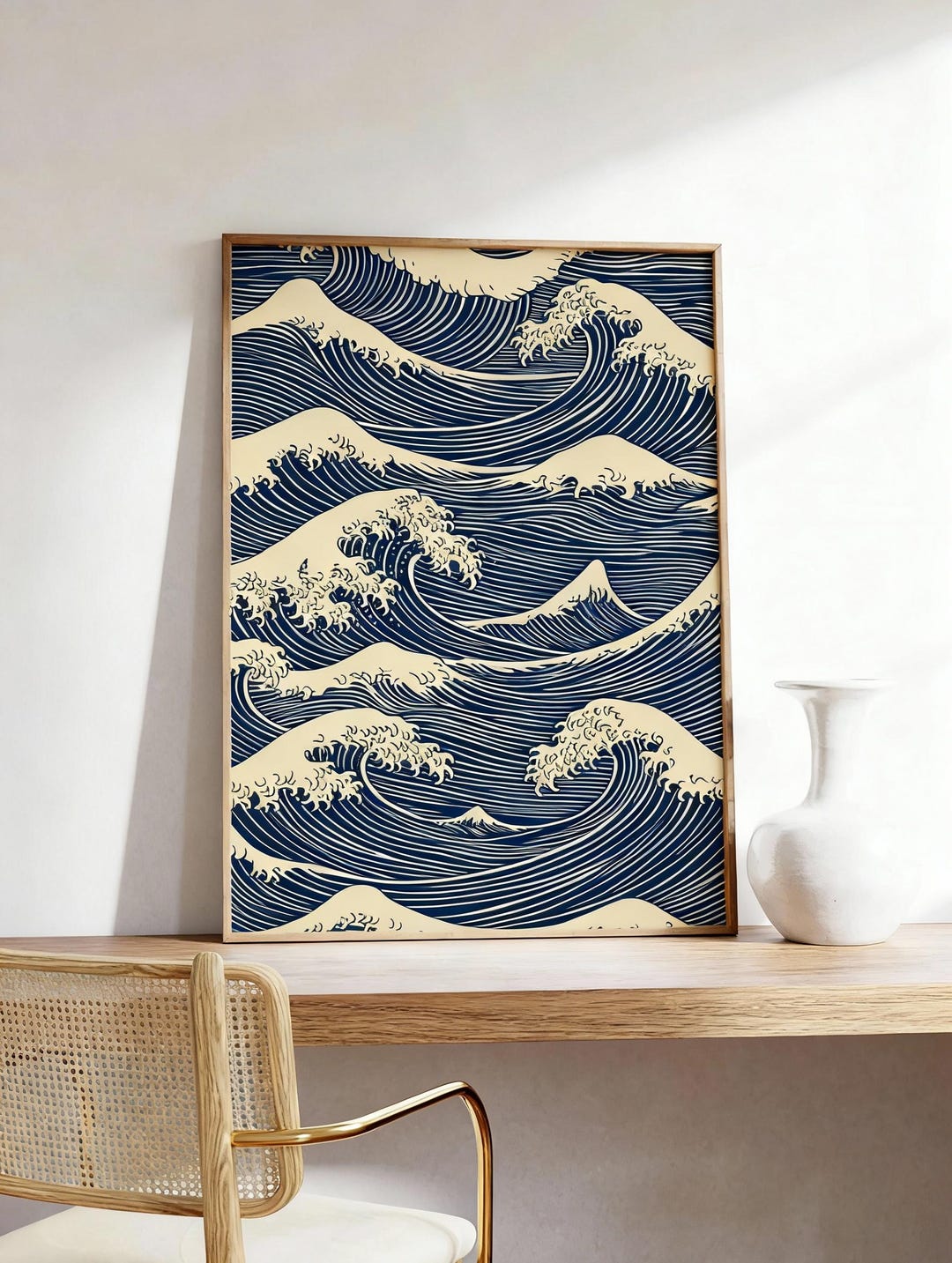 Japanese Vintage Geometric Wall Art, Midcentury Modern Abstract Poster, Vintage Pattern Decorative Print, Blue Giftful Retroe Artful Decor