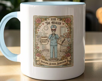 Nursing School Survivor Mug, Tarot Card Nurse Gift, Funny Skeleton Doctor Coffee Cup, Medical Student Graduation Present