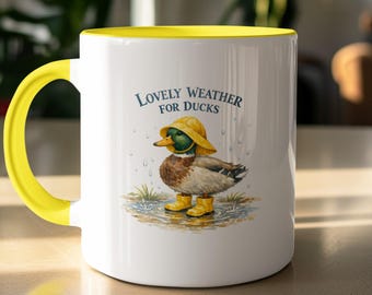 Rainy Day Duck Mug, Humourous Watercolour Animal Art Coffee Cup
