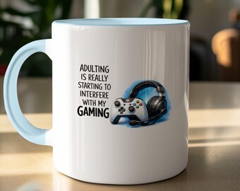 Gamer Mug, Adulting Interfering With Gaming Gift, Funny Video Game Coffee Cup, Present for Gamer