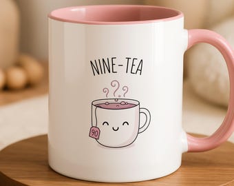 90th Birthday Tea Lover Mug, Nine-Tea Pun Ceramic Cup (11oz)
