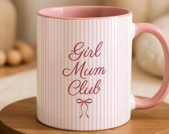 Girl Mum Club Mug, New Mum Gift, Baby Shower Present, Pink Striped Coffee Cup
