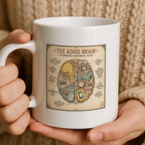 ADHD-hersenmok, grappig neurodiversiteitscadeau, koffiekop met anatomische gids