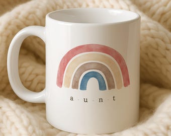 Boho Rainbow Aunt Mug, Minimalist Watercolour Coffee Cup, New Auntie Gift