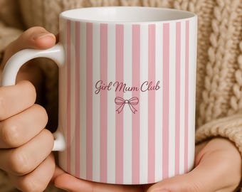 Kubek Klubu Dziewczynek Mam | Filiżanka do kawy w różowe paski | Prezent dla nowej mamy | Prezent na baby shower