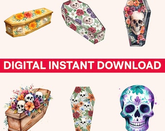 Day of the Dead Clipart, Floral Sugar Skull Coffins (PNG Set) (Commercial Use)