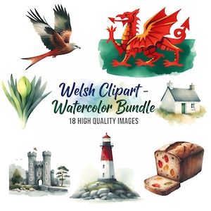 May include: Watercolor clipart bundle featuring a red kite bird, a red Welsh dragon, a tulip, a cottage, a castle, a lighthouse, and a loaf of bread with fruit. The text "Welsh Clipart - Watercolor Bundle" is also included.