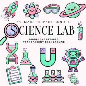 Puede incluir: Una colección de 28 imágenes prediseñadas con temática científica. Incluye un cohete, un átomo, gafas, un planeta, una lupa, una hebra de ADN, tubos de ensayo, un robot y las palabras "SCIENCE LAB". Las imágenes son en colores pastel.
