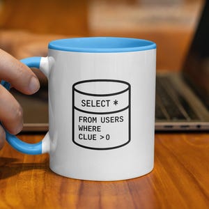 Funny Coffee Mug, Select From Users Where Clue, Programmer Gift, SQL Query Joke, Unique Coder Office Cup, Geeky Software Developer Mug