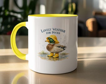 Rainy Day Duck Mug, Humourous Watercolour Animal Art Coffee Cup