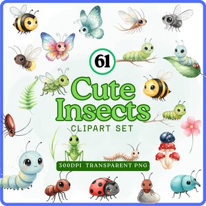 Op de afbeelding: Een verzameling aquarel illustraties van verschillende insecten, waaronder bijen, vlinders, rupsen en lieveheersbeestjes. De tekst "Cute Insects CLIPART SET" wordt in het groen weergegeven. De afbeelding is omgeven door een blauwe rand.