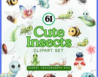 Paquete de imágenes prediseñadas de insectos en acuarela: 61 elementos de insectos y naturaleza (PNG)