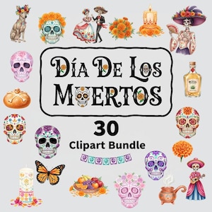 Dia De Los Muertos Clipart Bundle: Sugar Skulls, Marigolds (30 PNG Designs) (Digital Download)