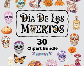Pode incluir: Uma coleção de 30 imagens clipart do Dia de los Muertos. As imagens incluem caveiras de açúcar, um casal em trajes tradicionais, calêndulas, velas, um cão, uma borboleta, frutas e uma garrafa de mezcal. O texto "Día De Los Muertos" é exibido.