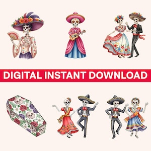 Dia de los Muertos Clipart, La Catrina, Day of the Dead Bundle, Festive Icons, Mexican Holiday Art, Printable Graphics. PNG digital download