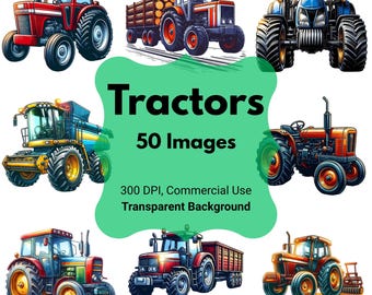 Watercolor Tractor Clipart Bundle | 50 Farm PNGs (Commercial Use)