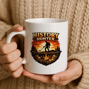May include: White ceramic mug with the words "HISTORY HUNTER" and a silhouette of a metal detectorist. The design includes a sunset, trees, and a crown with gold coins. A great gift for history lovers.