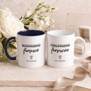 Boyfriend Fiancé and Girlfriend Fiancée mugs with est. date and heart design.