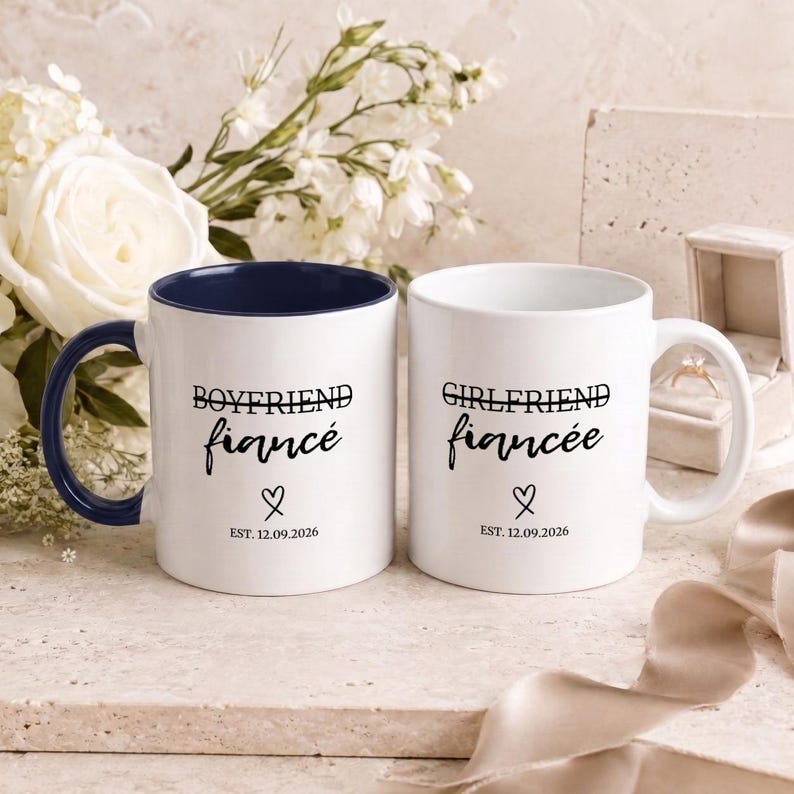 Boyfriend Fiancé and Girlfriend Fiancée mugs with est. date and heart design.