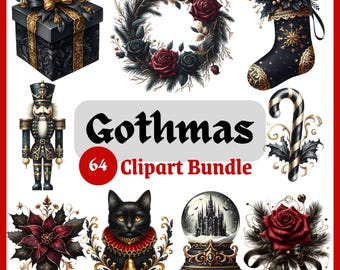 Gothic Christmas Clipart Bundle – Dark Holiday Watercolor PNG (Digital Download)