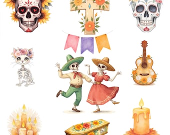 Dia de los Muertos Watercolor Clipart Bundle: Sugar Skulls, Cat Skeleton (Digital Download)