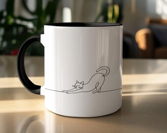 Stretching Cat Mug, Minimalist Line Art, Cat Lover Gift