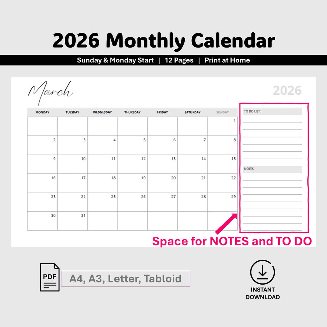 2026 Calendar & Monthly Planner | Landscape Calendar | 2026 Printable ...