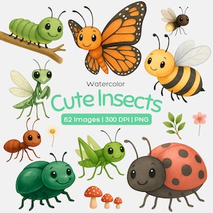 Pode incluir: Ilustração em aquarela de vários insetos fofos, incluindo uma lagarta, uma borboleta, uma abelha e uma joaninha. A imagem inclui o texto "Watercolor Cute Insects" e detalhes sobre o tamanho da imagem.
