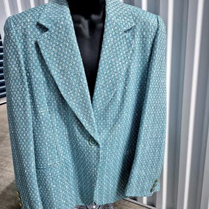 Vintage Petrol Boucle Tweed Blazer, Damen 10, Bleyle, Detaillierte Knöpfe, Langes Revers