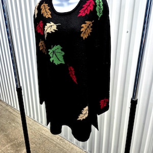 Vintage Bleyle, Rich colored Leaves, Black Silky Wool Tunic Sweater, Loose Soft Comfy! Medium