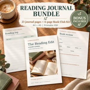 Può includere: Un pacchetto di diario di lettura con 23 pagine e un kit per club del libro di 6 pagine in formato A4 e A5. Il PDF stampabile include un registro di lettura, una pagina di recensione del libro e una copertina intitolata The Reading Edit.