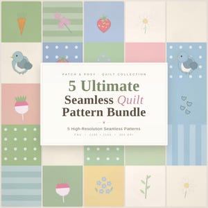 May include: A collection of five seamless quilt patterns. The patterns feature illustrations of a carrot, flowers, a strawberry, a daisy, and a bird. The text on the image reads "5 Ultimate Seamless Quilt Pattern Bundle."