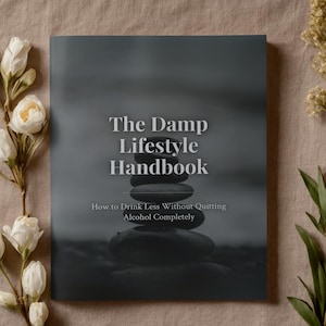May include: A book titled "The Damp Lifestyle Handbook" with a grayscale cover featuring stacked stones. The subtitle reads "How to Drink Less Without Quitting Alcohol Completely." The book is surrounded by white flowers and greenery.