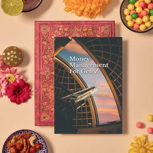 May include: A book titled "Money Management For Gen Z" with a sunset image on the cover, resting on a decorative pink journal. The scene includes flowers, nuts, and candies, creating a visually appealing composition.