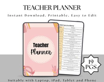 May include: A pink Teacher Planner with the text "Teacher Planner" in a white circle. The planner is shown next to a digital tablet displaying a 2026 year-at-a-glance calendar. The image also includes the text "Instant Download, Printable, Easy to Edit".