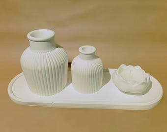 Juego decorativo minimalista de 4 piezas / Jarrones, bandeja y portavelas de yeso hechos a mano / Decoración moderna para el hogar