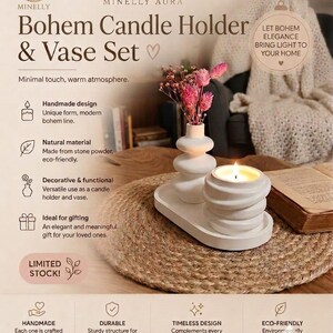 May include: A white stone powder candle holder and vase set on an oval tray. The vase holds pink dried flowers, and the candle holder contains a lit candle. Text includes: Minelly Aura Bohem Candle Holder & Vase Set, Handmade design, Natural material.