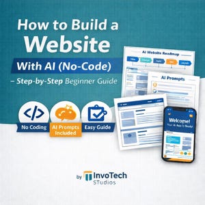 Può includere: Immagine promozionale per una guida alla creazione di siti web. Il titolo recita "How to Build a Website With AI (No-Code)". L'immagine include uno smartphone che mostra un'interfaccia dell'app, diagrammi e icone. La guida promette un approccio passo passo.
