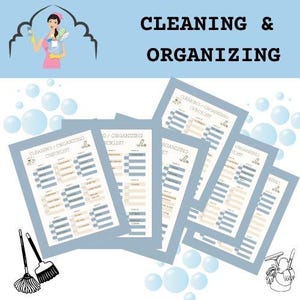 May include: A collection of light blue Cleaning & Organizing checklists with a cartoon image of a woman holding cleaning supplies. The checklists have a light blue border and a beige and blue interior. A broom and mop are in the lower left corner.