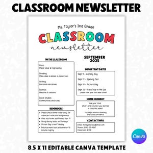 Classroom Newsletter Template, Editable Newsletter, Back to School, Monthly Newsletter, Elementary Newsletter, Printable Newsletter
