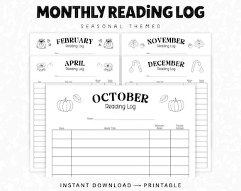 Printable Reading Log Bundle Jan–Dec, Seasonal Kids Monthly Reading Tracker, Book Log for Students, Parents & Teachers, PDF Instant Download