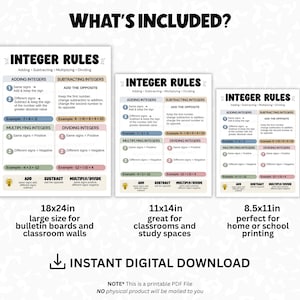 May include: Three educational posters titled INTEGER RULES in varying sizes of 18x24in, 11x14in, and 8.5x11in. Each poster features color-coded sections for adding, subtracting, multiplying, and dividing integers with examples and text. Includes an instant digital download notice.