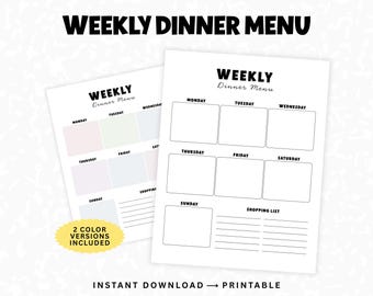 Weekly Dinner Menu, Printable Meal Planner with Shopping List, Family Meal Planning Printable Template, PDF Download