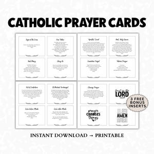 Pode incluir: Um conjunto de cartões de oração católicos com orações em texto preto sobre um fundo branco. Os cartões estão dispostos em uma grade, com as palavras "Catholic Prayer Cards" no topo. Inclui o texto "Instant Download -> Printable".